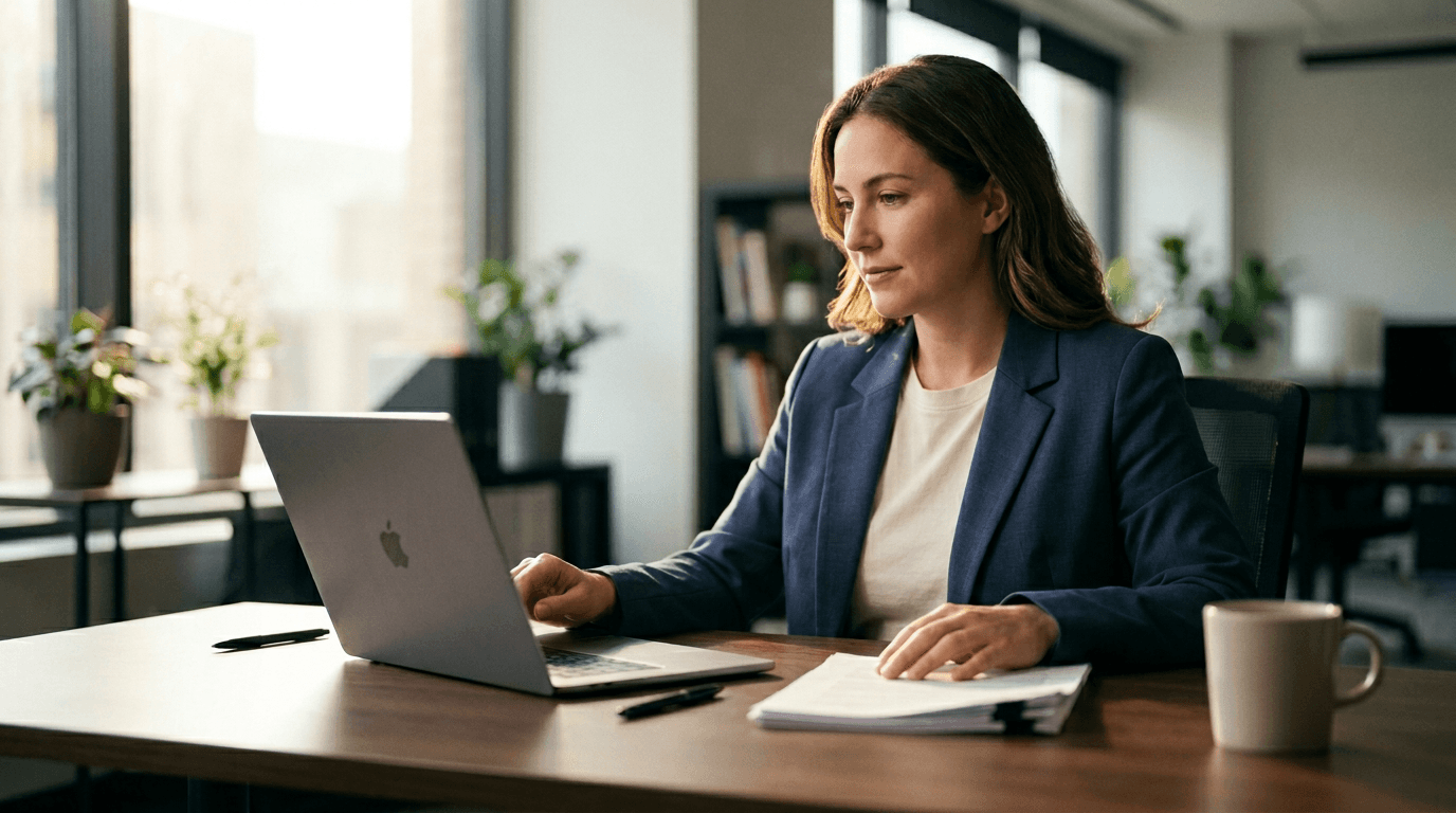 Business owner at a desk looking at a laptop with organized paperwork beside them