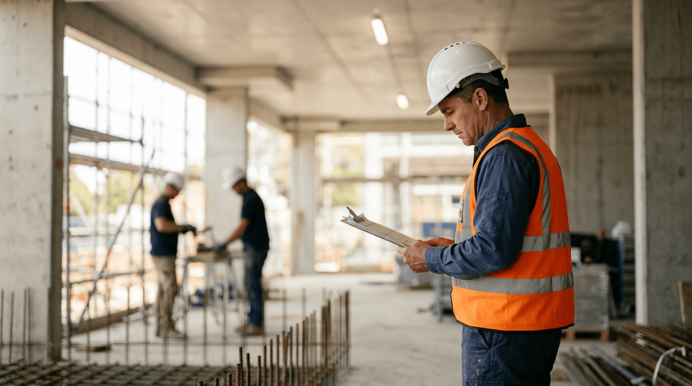 Construction site foreman in a hard hat reviewing a clipboard with workers in the background