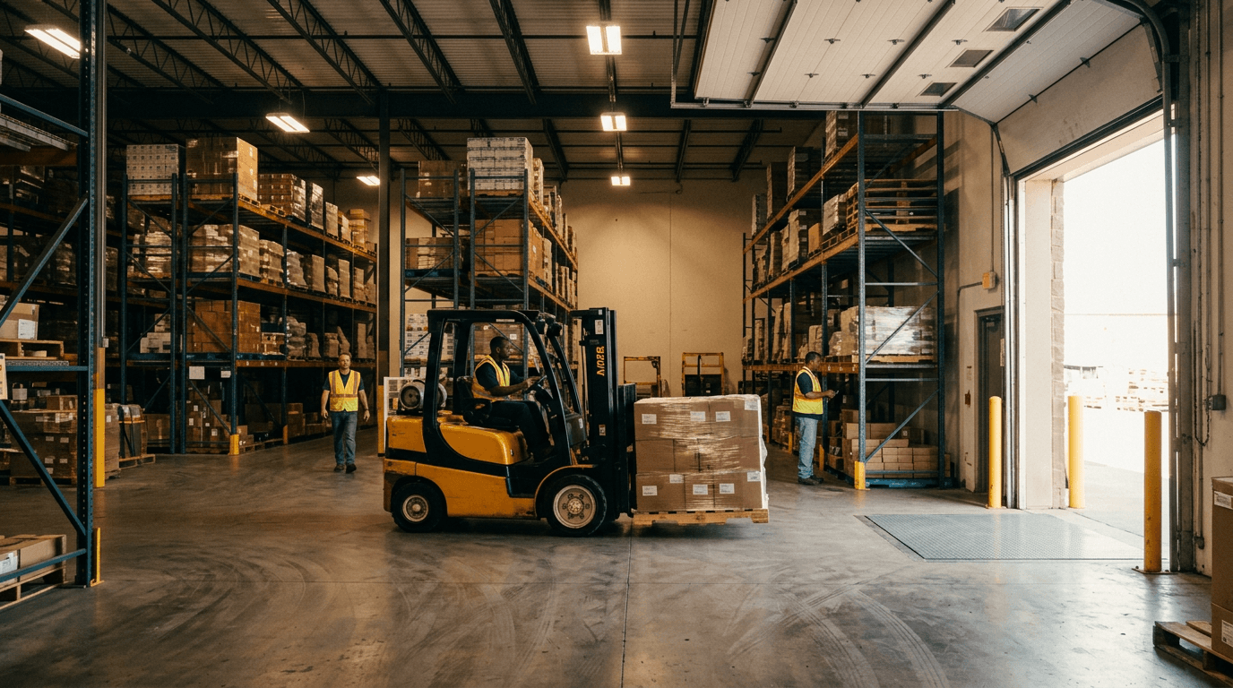 Busy warehouse loading dock with workers moving pallets and forklifts in the background